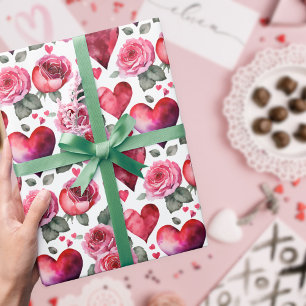 Romantisk röd rosa ros & hjärtan vattenfärg mönste presentpapper