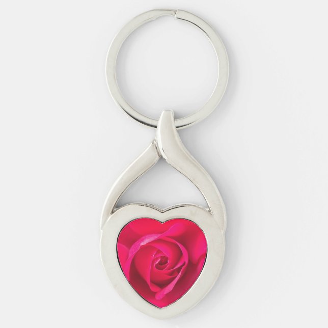 Romantisk Röd Rosa Ros v2 Twisted Heart Silverfärgad Nyckelring (Framsidan)