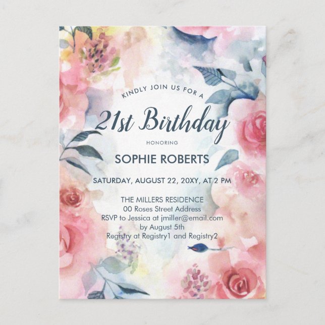 Romantisk röd Rosa Vattenfärgad Blommigt 21:a föde Inbjudan Vykort (Framsida)