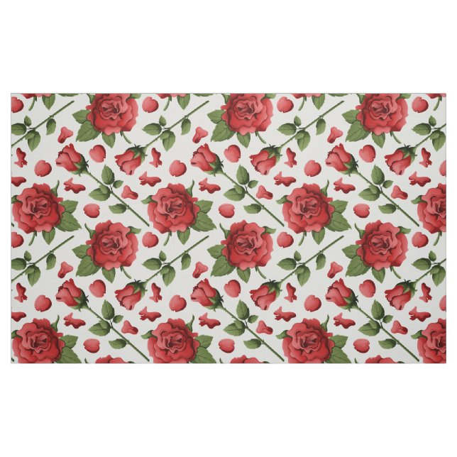 Romantisk röd rosblad botanisk trädgård blommar tyg (Fat Quarter)