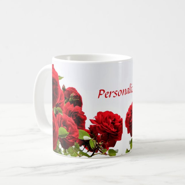 Romantisk röd rosblomma kaffemugg (Framsida vänster)