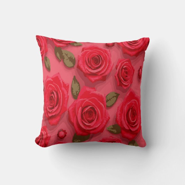 Romantisk röd rosdesign – Frodiga gröna blad Kudde (Framsida)
