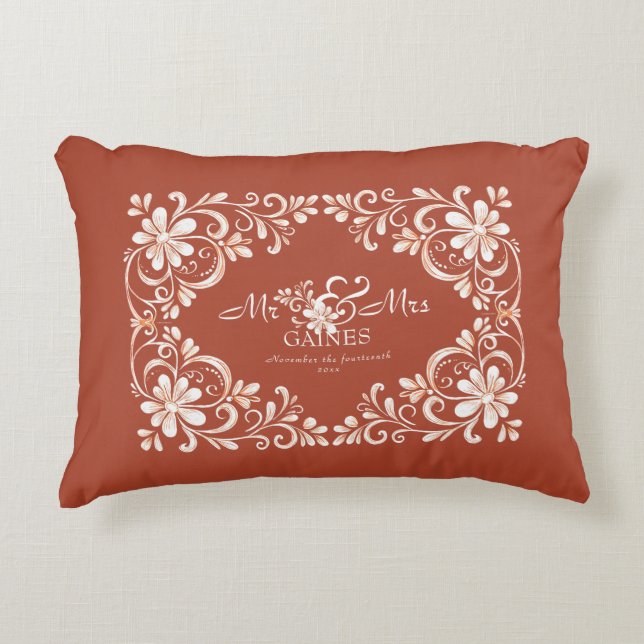 Romantisk röd rost shabby chic herr fru bröllop prydnadskudde (Framsidan)
