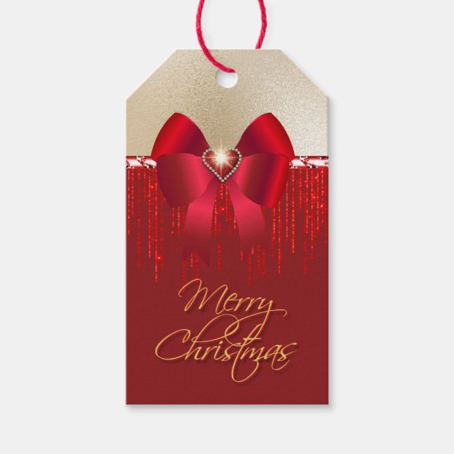 Romantisk röd satinbun vid guld jul presentetikett (Framsidan)
