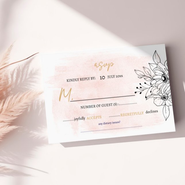 Romantisk Rodnad Vattenfärg med Svart Botanik OSA Kort (Romantic Blush Watercolor with Black Botanical RSVP Card)