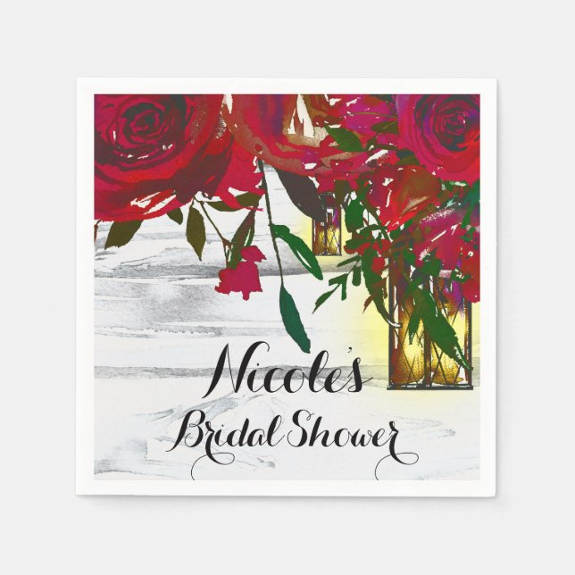 Romantisk rödvattenfärg Ro och Lantern Bröllop Pappersservett (Framsidan)