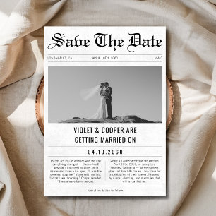 Romantisk Roligt Photo Unique Bröllop Newspaper Spara Datumet