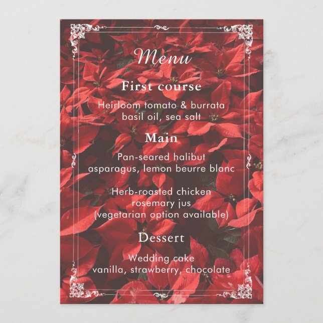 Romantisk Ros | Blommig Elegant Meny Kort Middag (Framsida)