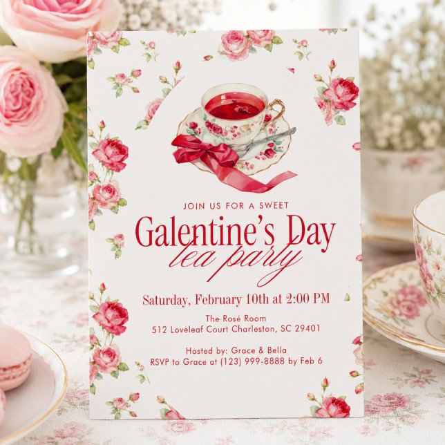 Romantisk Ros Tea Kopp Galentine's Dag Tea Party Inbjudningar (Skapare uppladdad)