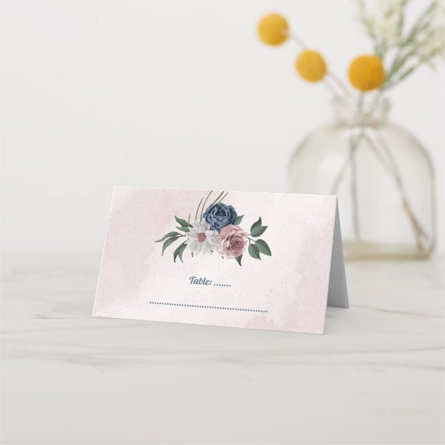 romantisk rosa blå & vit blomstergrönska placeringskort (Framsida)