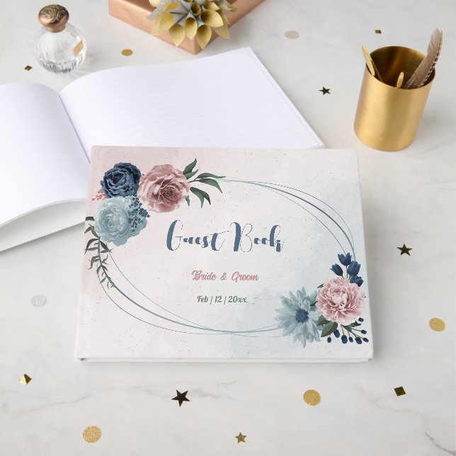 Romantisk rosa blåa blommor greenery bröllop gästböcker (Framsida Öppen)