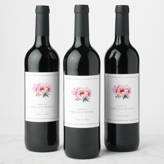Romantisk rosa blomillustration vinflaska etikett (Flaskor)