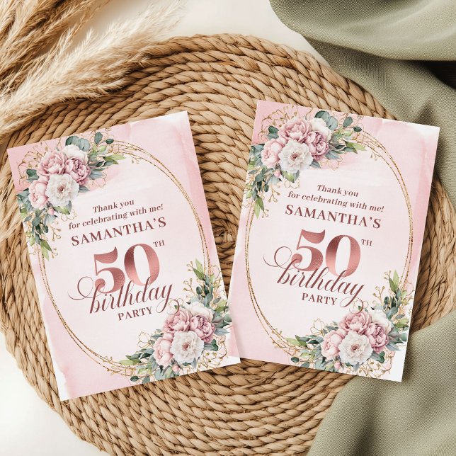 Romantisk Rosa Blommig 50-års Födelsedags Tackkort Tack Kort (Romantic Blush Pink Floral 50th Birthday Thank You Card)