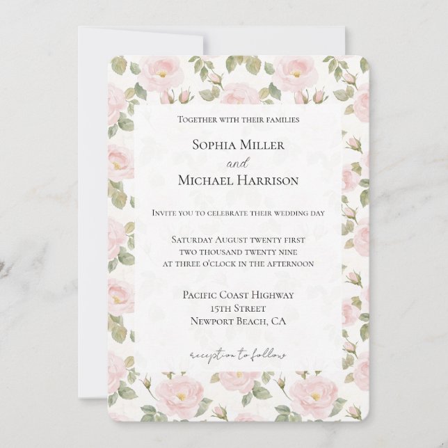Romantisk Rosa Blommig Bröllop Inbjudningar (Framsida)