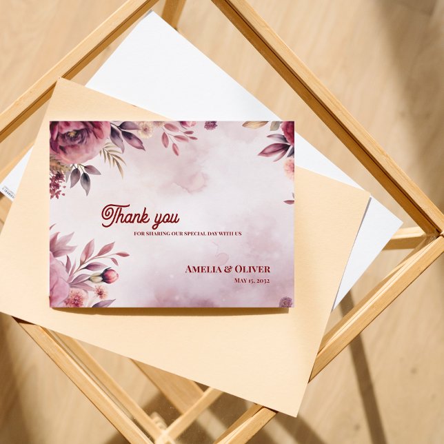 Romantisk Rosa Blommig Bröllop Tack Vykort (Blush Pink Floral Wedding Thank You Card | Romantic Garden Floral Design)