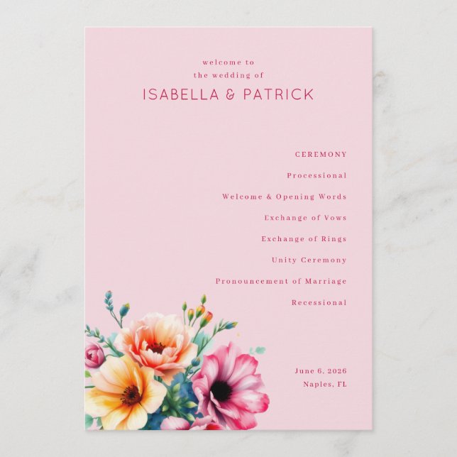 Romantisk Rosa Blommig Bröllopsceremoni Program (Framsida)