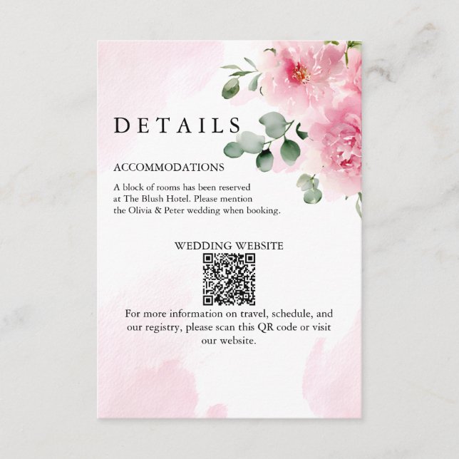 Romantisk Rosa Blommig Bröllopsdetaljkort Tilläggskort (Framsida)