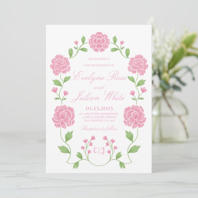 Romantisk rosa blommig bröllopsinbjudan kort (Stående Fram)