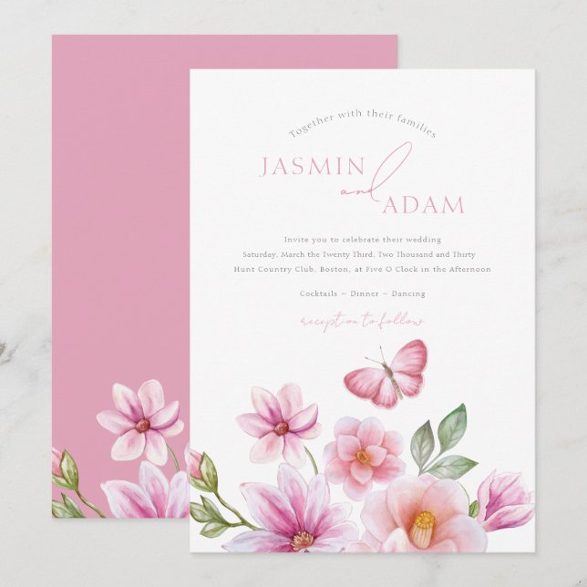 Romantisk Rosa Blommig Fjärilsbröllop Inbjudningar (Fram/baksida)
