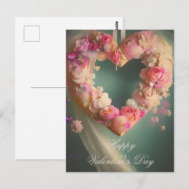Romantisk rosa blommig hjärtvalentin vykort (Fram/baksida)