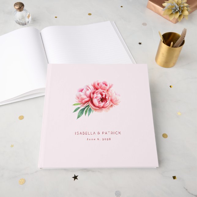 Romantisk Rosa Blommig Illustration Gästböcker (Framsidan öppen)