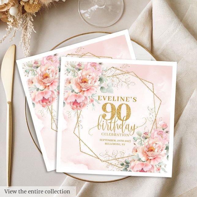 Romantisk  rosa blommigt 90:e födelsedag papper pappersservett (Romantic blush pink floral 90th birthday paper Napkins)