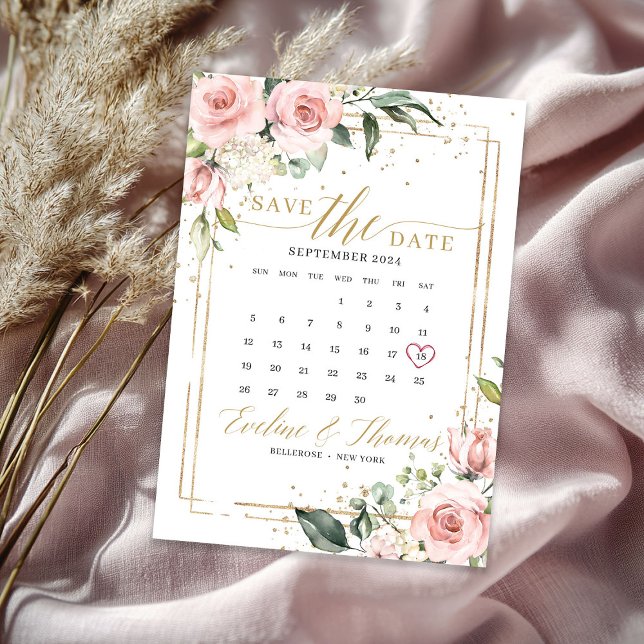 Romantisk  rosa blommigt guld ram bröllop spara datumet (Romantic blush pink floral gold frame wedding save the date)