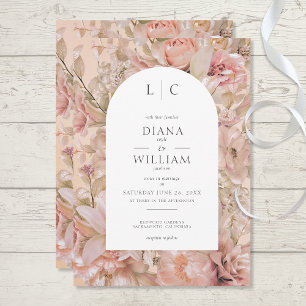 Romantisk Rosa  Blommigt Monogram Arch Inbjudningar