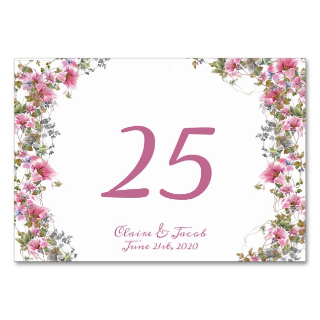 Romantisk Rosa Blommigt Vattenfärgskript Bordsnummer (Framsidan)