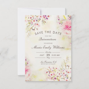 Romantisk Rosa Blommigt Watercolor Quinceanera Spara Datumet