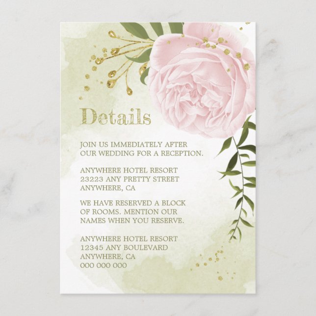 romantisk rosa blommor, grön information tilläggskort (Framsida)