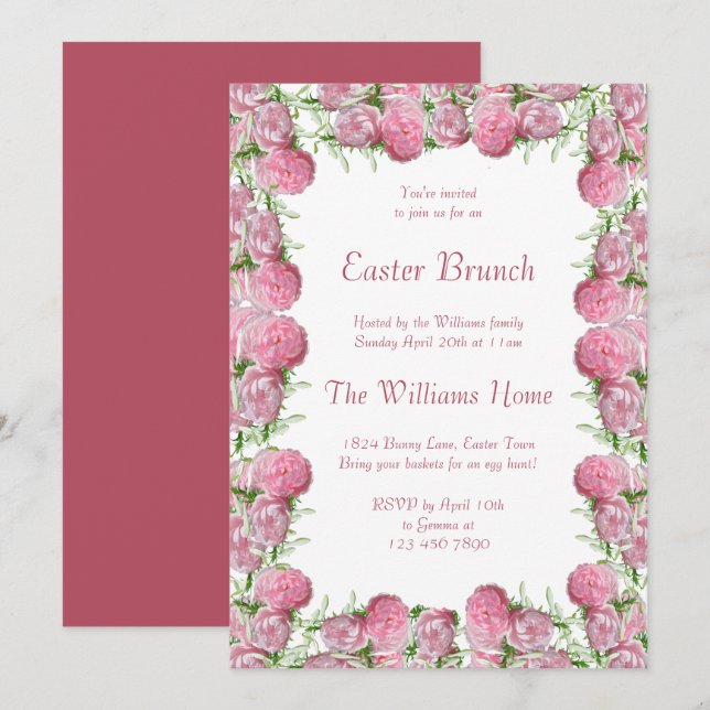Romantisk rosa blomster ramad påskbrunch inbjudningar (Fram/baksida)