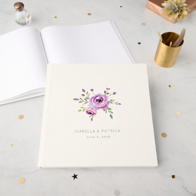 Romantisk rosa blomsterbotanisk illustration gästböcker (Framsidan öppen)