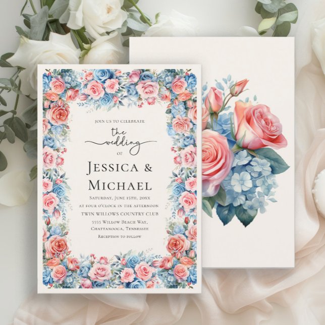 Romantisk Rosa Blue Watercolor Blommigt Bröllop Inbjudningar (Elegant pink and blue floral wedding invitation)