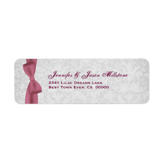 Romantisk Rosa Bow och Silver Damask Wedding Label Returadress Etikett