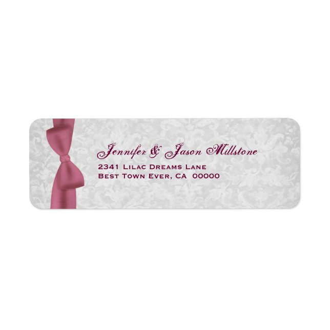 Romantisk Rosa Bow och Silver Damask Wedding Label Returadress Etikett (Framsidan)