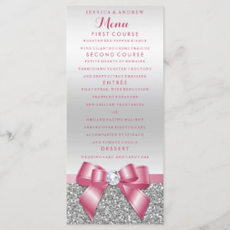 Romantisk Rosa Bow & Silver Glitter Bröllop Menu Meny