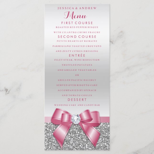 Romantisk Rosa Bow & Silver Glitter Bröllop Menu Meny (Framsida)