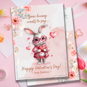 Romantisk Rosa Bunny & Hearts Alla hjärtans dag Julkort