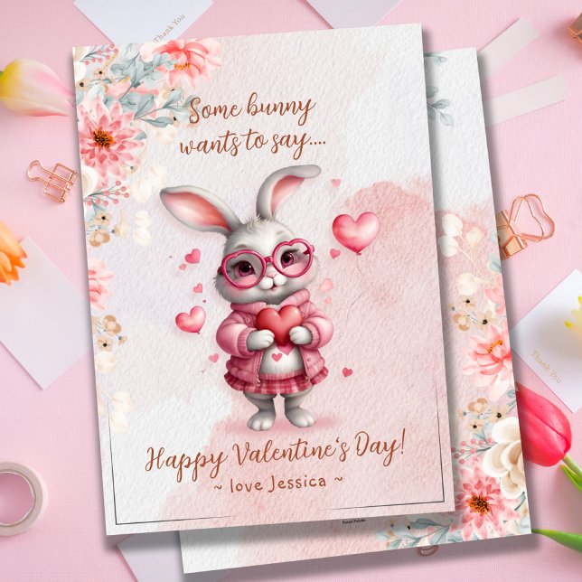 Romantisk Rosa Bunny & Hearts Alla hjärtans dag Julkort (Romantic Pink Bunny & Hearts Valentine's Day Holiday Card)