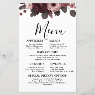 Romantisk Rosa Burgundy Blommigt Bröllop Menu