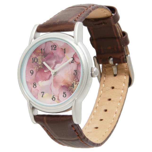 Romantisk  Rosa Burgundy Guld Blommigt Armbandsur (Vinklad)