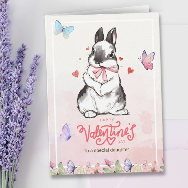 Romantisk Rosa Butterflies & Bunny Valentine Day Kort (Romantic Pink Butterflies & Bunny Valentine's Day Card)