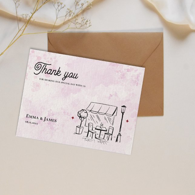 Romantisk Rosa Café Illustration Bröllop Tack Vykort (Romantic Pink Café Illustration Wedding Thank You Postcard)