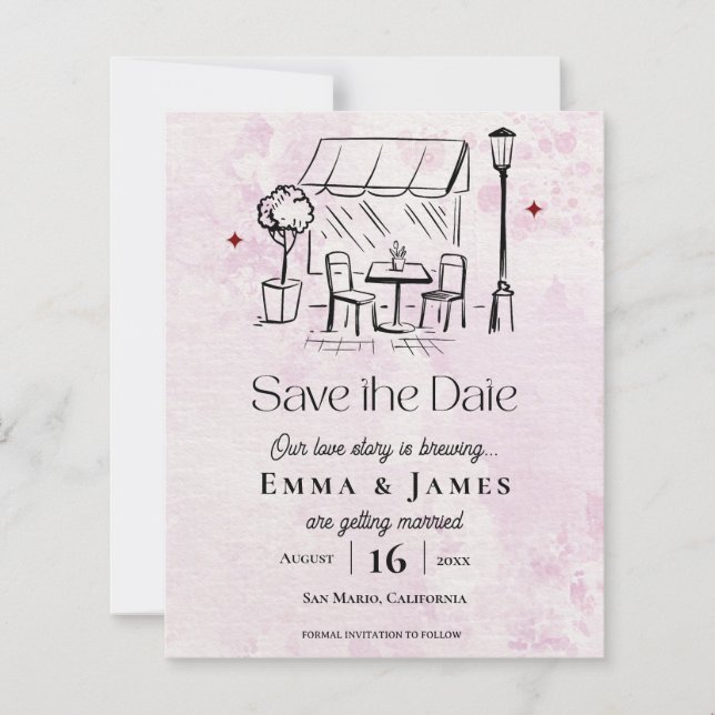 Romantisk Rosa Café Innergård Bröllop Spara Datum (Framsida)