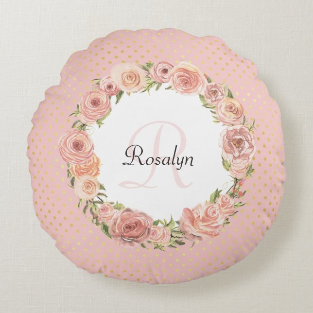 Romantisk Rosa Doted Ro Blommigt Monogrammed Namn Rund Kudde (Framsidan)