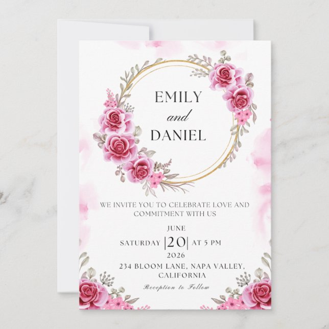 Romantisk Rosa Folded Wedding-inbjudan Inbjudningar (Framsida)