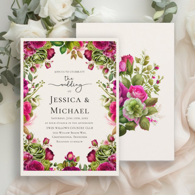 Romantisk Rosa Grönt Watercolor Blommigt Bröllop Inbjudningar (Romantic pink and green watercolor flowers wedding invitation)