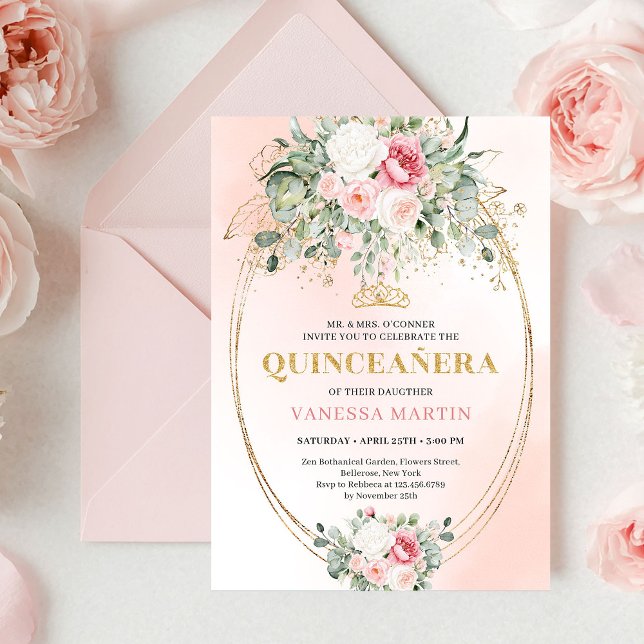 Romantisk Rosa Guld Ros Blush Quinceañera Inbjudan (Romantic Rose Gold Blush Quinceañera Invitation)