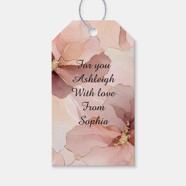 Romantisk rosa guldblommig bröllopsfest presentetikett (Framsidan)